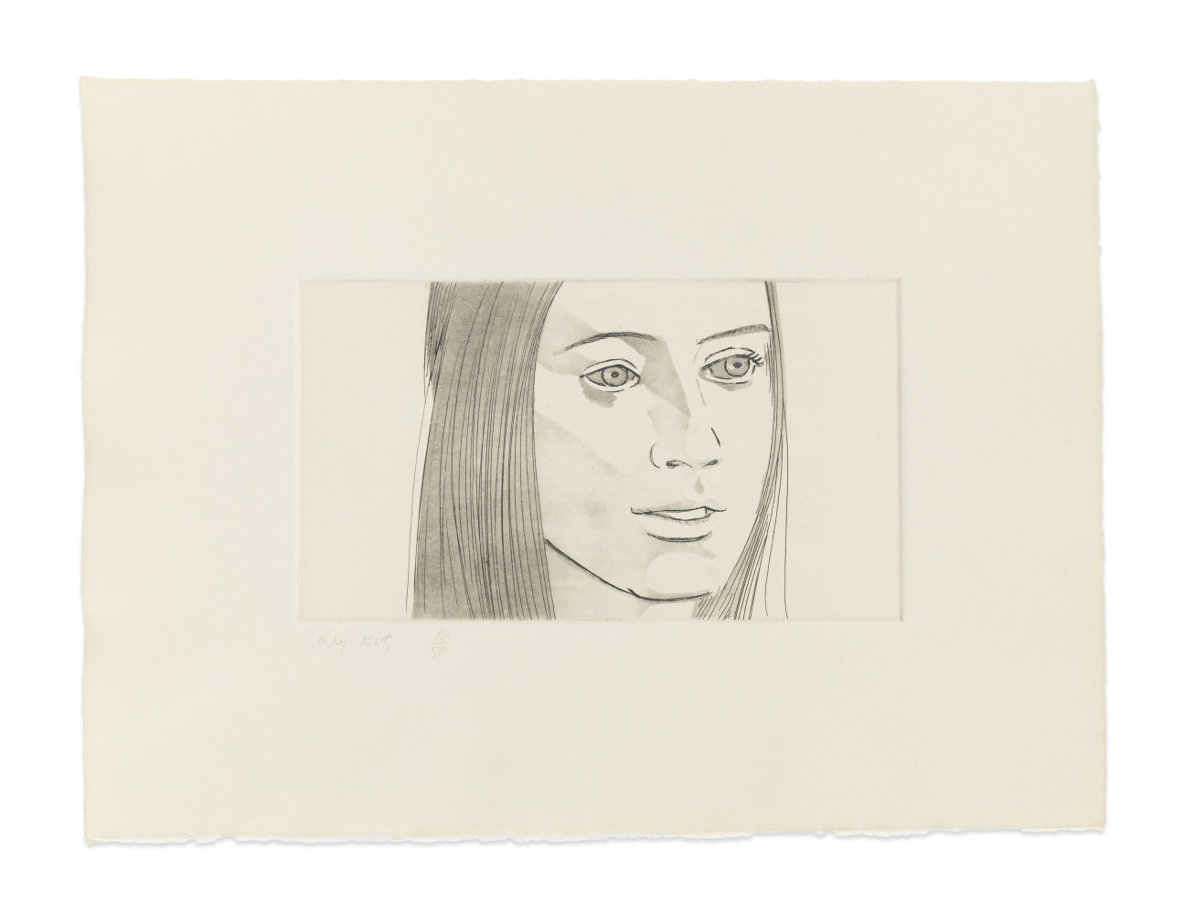 Aquatint by Alex Katz of a portrait of a woman's face at 3/4 view with her mouth slightly open