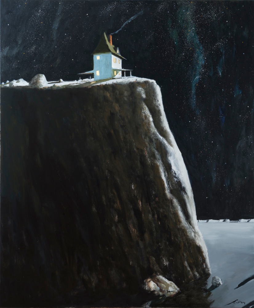 Painting of a house atop a cliff at night