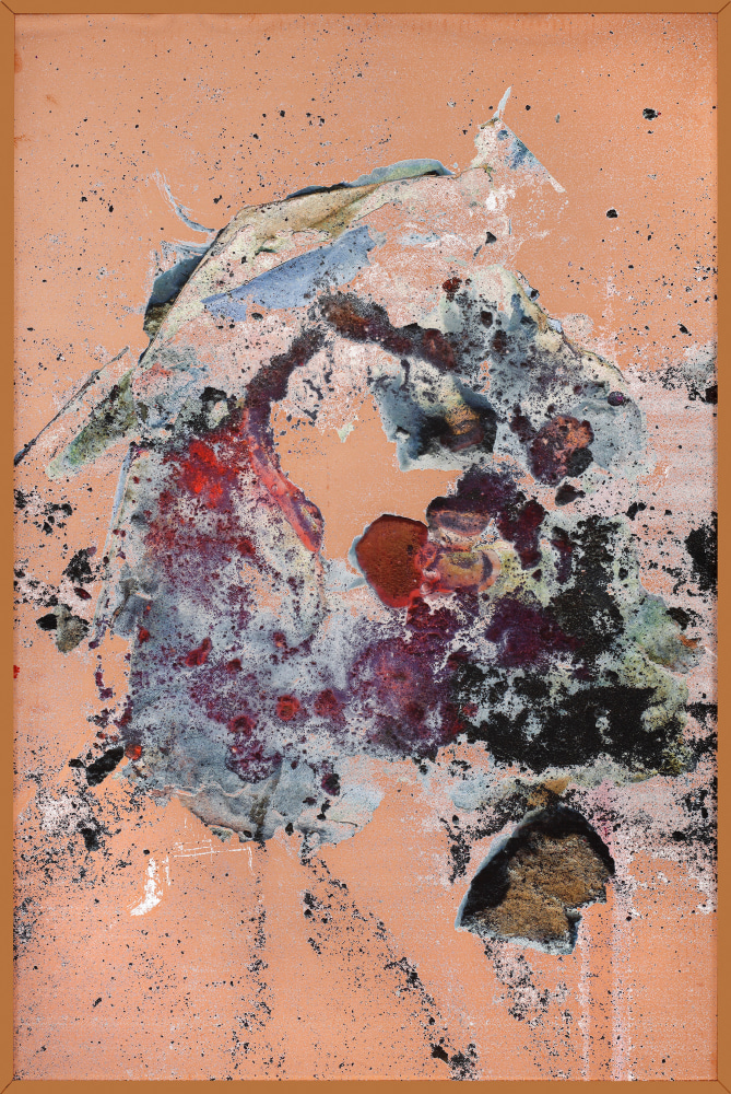 Jonah Freeman and Justin Lowe

OCTOBER 23rd, 5:42 AM, Slacker Dove, Monterey Metroplex, Neural Oscillation: 64HZ, (Gyproc Brand Plasterboard, Yellow 5, Red 40, Blue 1, Water, 2-Hexoxyethanol, Butoxypropanol, Acetic Acid, Hammer), 2019
mirror polished copper, UV ink, aluminum artist frame
36 x 24 in. / 91.4 x&amp;nbsp;61 cm&amp;nbsp;