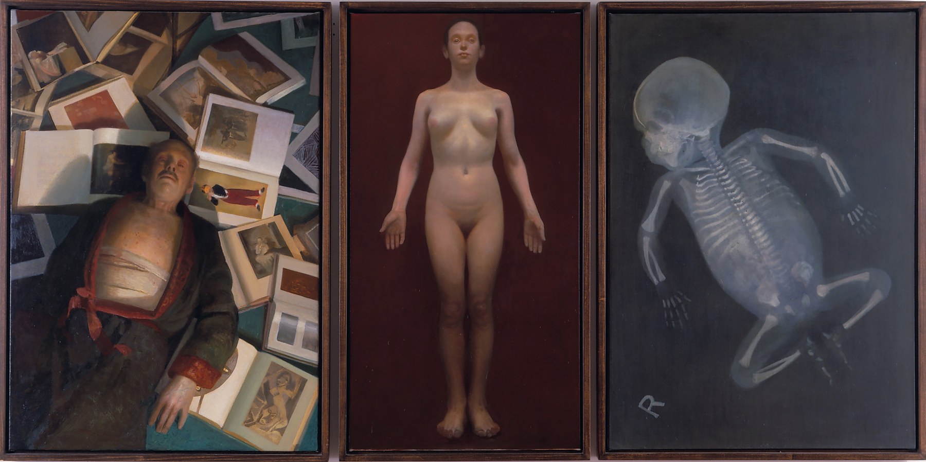 Triptych of oil paintings depicting a man laying atop books, a naked woman, and the skeletal x-ray of an infant by Vincent Desiderio.