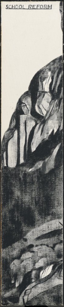 Vertical black and white painting with shadowy cliffs by R.B. Kitaj.