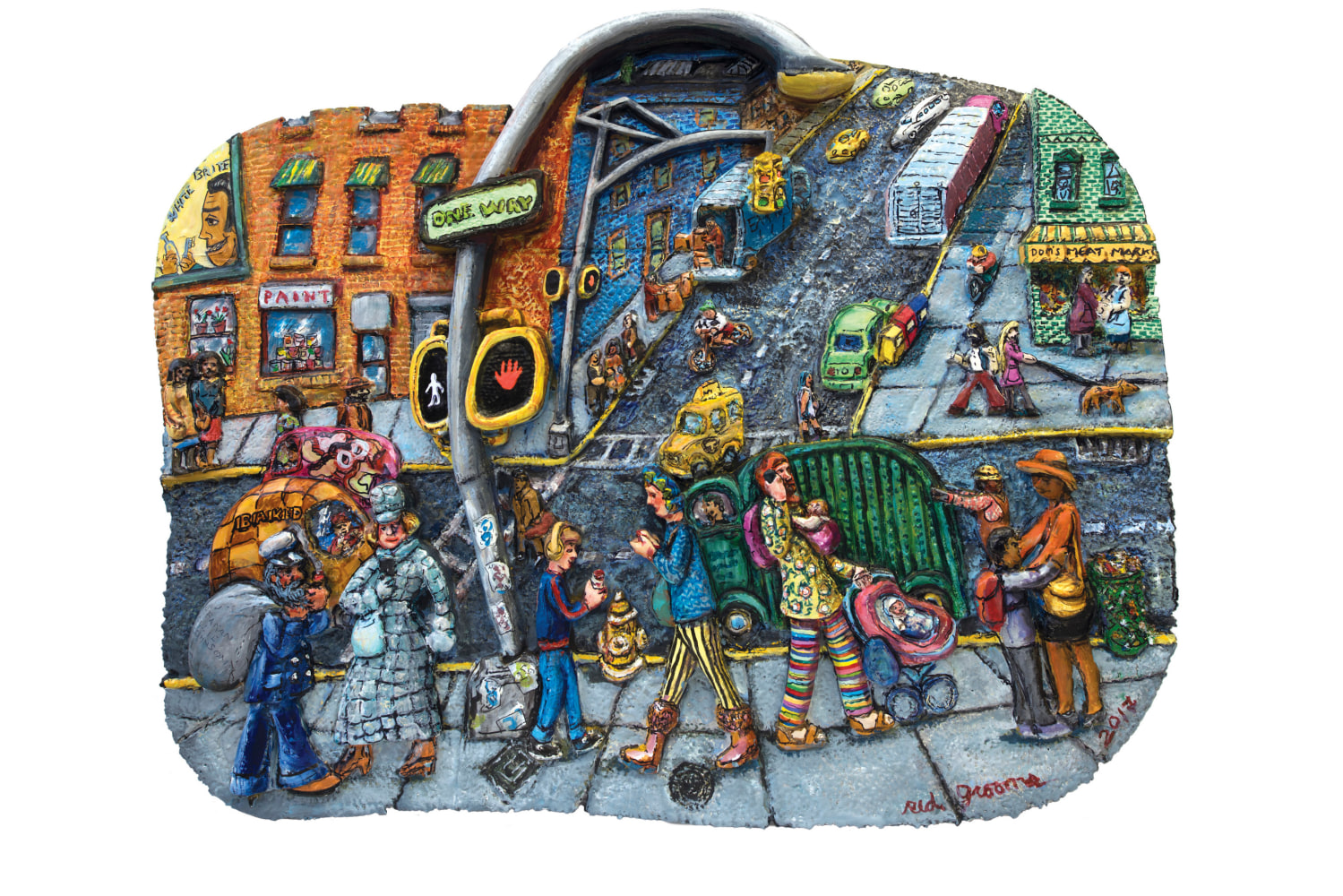 Acrylic, ink, mixed media and epoxy mounted on wood work by Red Groom of a bustling urban scene featuring figures in movement, a one way sign, and a paint storefronts