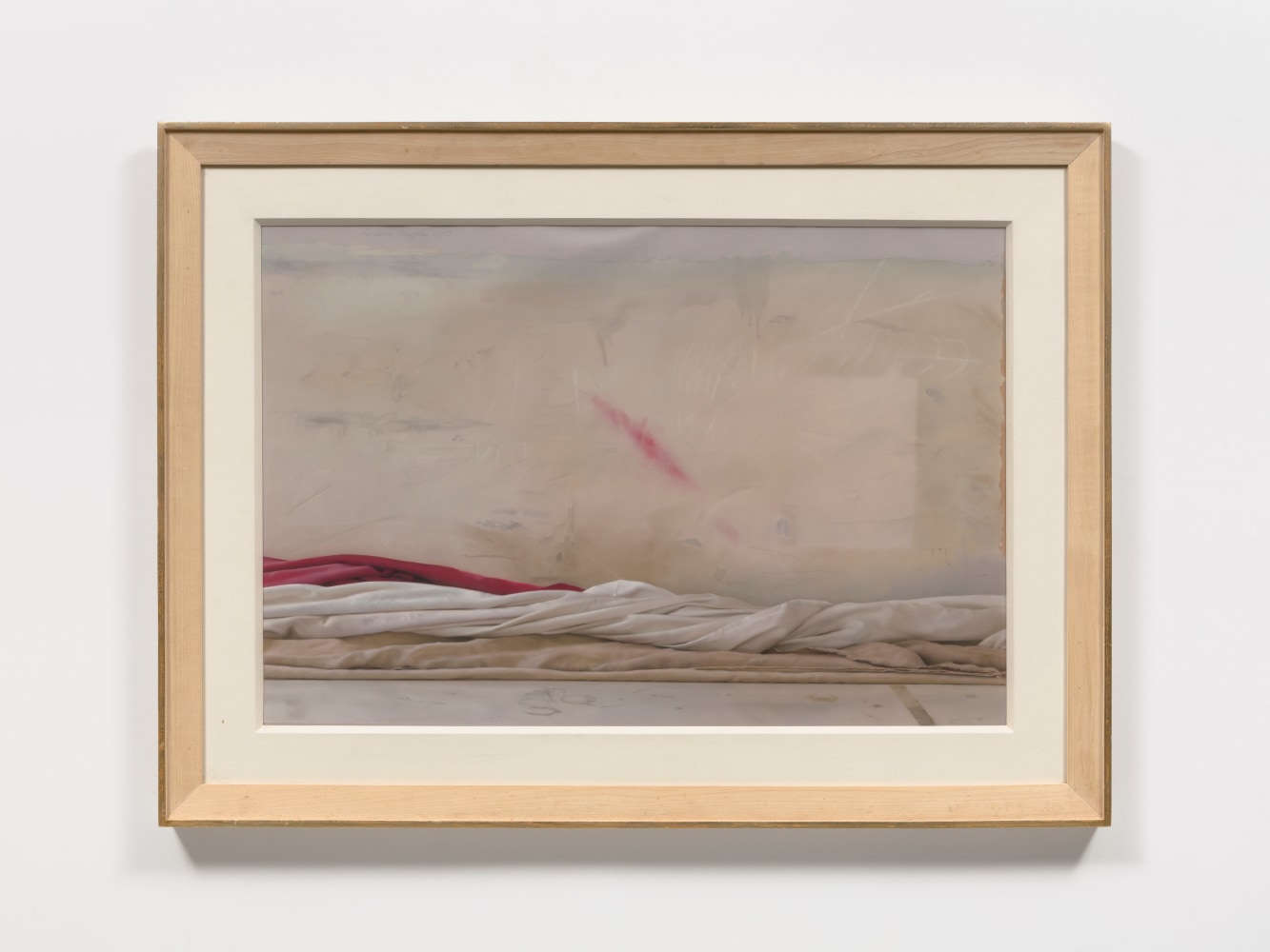 Pastel on paper work by Ricardo Maffei featuring a hyper-realistic rendering of white, beige and red cloth