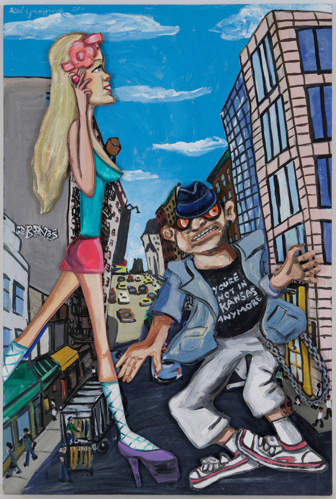 Tempera and acrylic on board artwork by Red Grooms featuring an urban street scene with enlarged figures in the foreground: a blonde haired woman the size of a building walking on her cell phone and a slightly smaller man dressed in a shirt saying &quot;you're not in Kansas anymore.&quot;