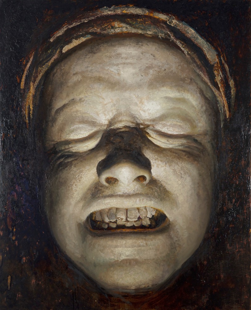 Oil painting of pale figure sneering their teeth with no eyes by Vincent Desiderio.