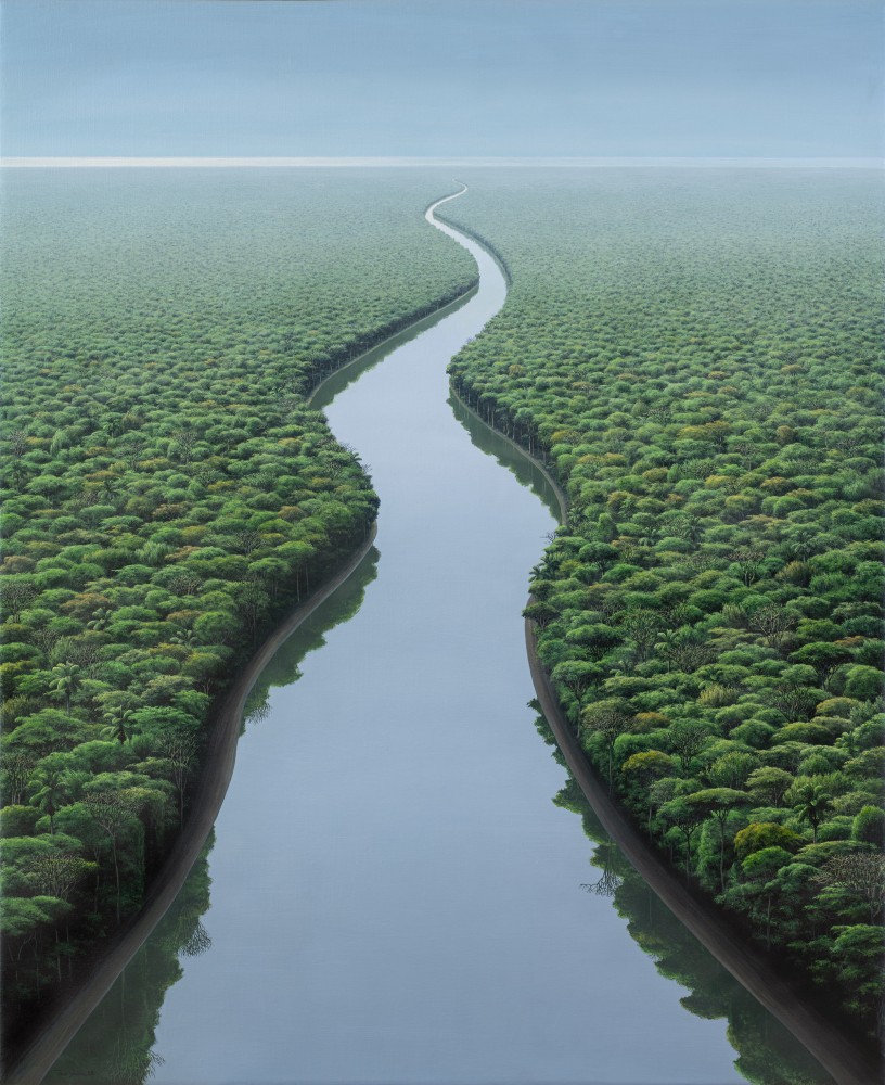 Landscape painting of winding river surrounding by trees with vanishing perspective by Tomás Sánchez.
