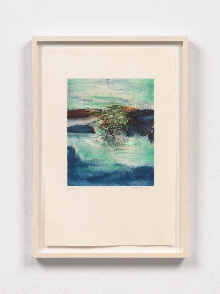 A colorful blue and green etching with aquatint featuring a gestural mountain like figure in the center of the print