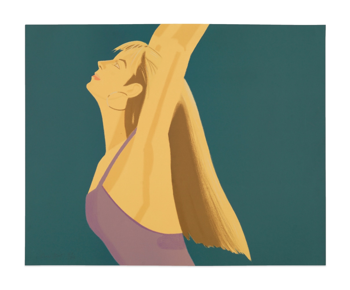 Color lithograph by Alex Katz featuring the profile of a woman wearing a lavender top and gold hoop earrings looking upward. The side-view of her arms are stretched out above her head against a blue background
