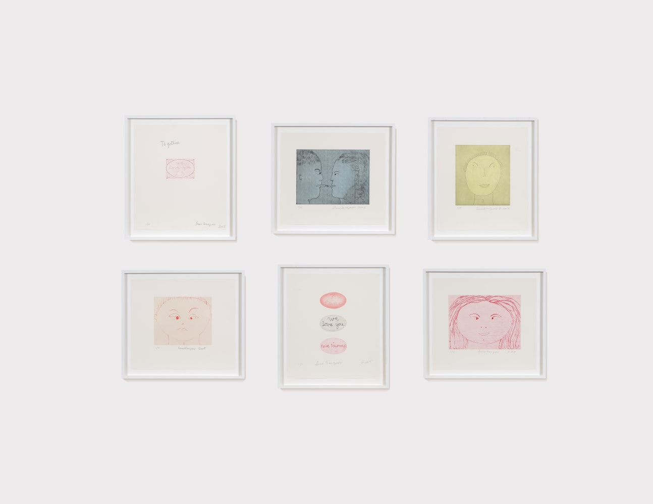 Louise Bourgeois

Together, 2005

portfolio of six drypoints and engravings, four with chine coll&amp;eacute;, ed. of 15

17 x 15 in. / 43.2 x 38.1 cm