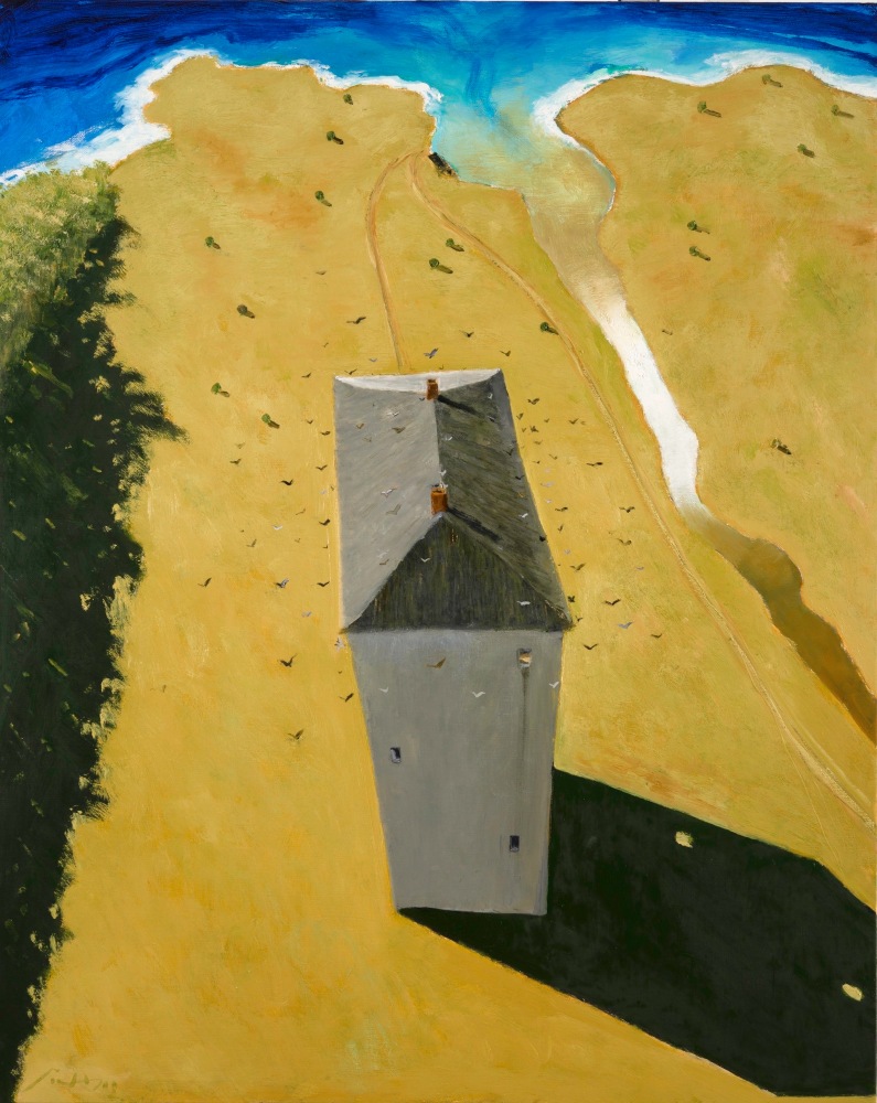 Painting of a house on the sand overlooking the water