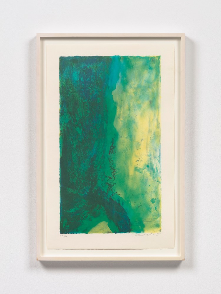 A vibrant green and blue abstract lithograph by Zao Wou-Ki featuring yellow cloud like forms on the right side of the paper