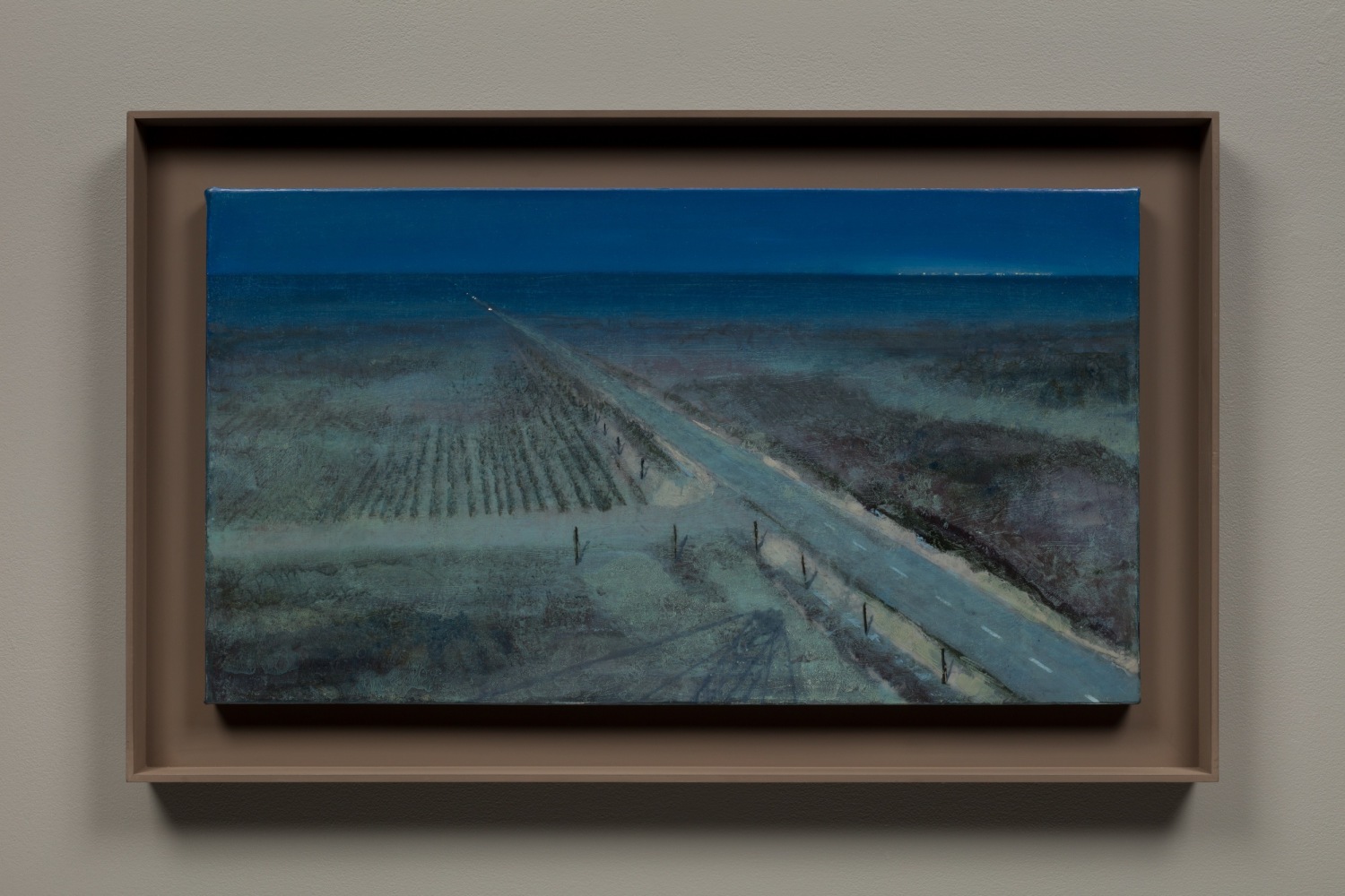 Full Moon Above Prairie Stop Hwy 41 (Mass MoCA # 289), 2018
polished mixed media on canvas
16 1/2 x 30 in. / 41.9 x 76.2 cm
framed: 21 1/2 x 35 x 2 in. /&amp;nbsp;54.6 x 88.9 x 5.1 cm