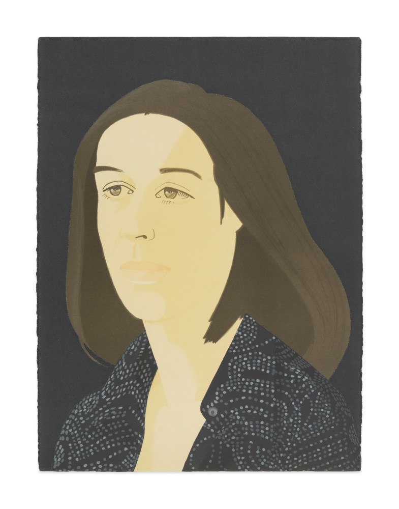 Color silkscreen with lithograph portrait by Alex Katz featuring a 3/4 profile view of a woman with brown shoulder length hair and wearing a black speckled top against a navy blue background