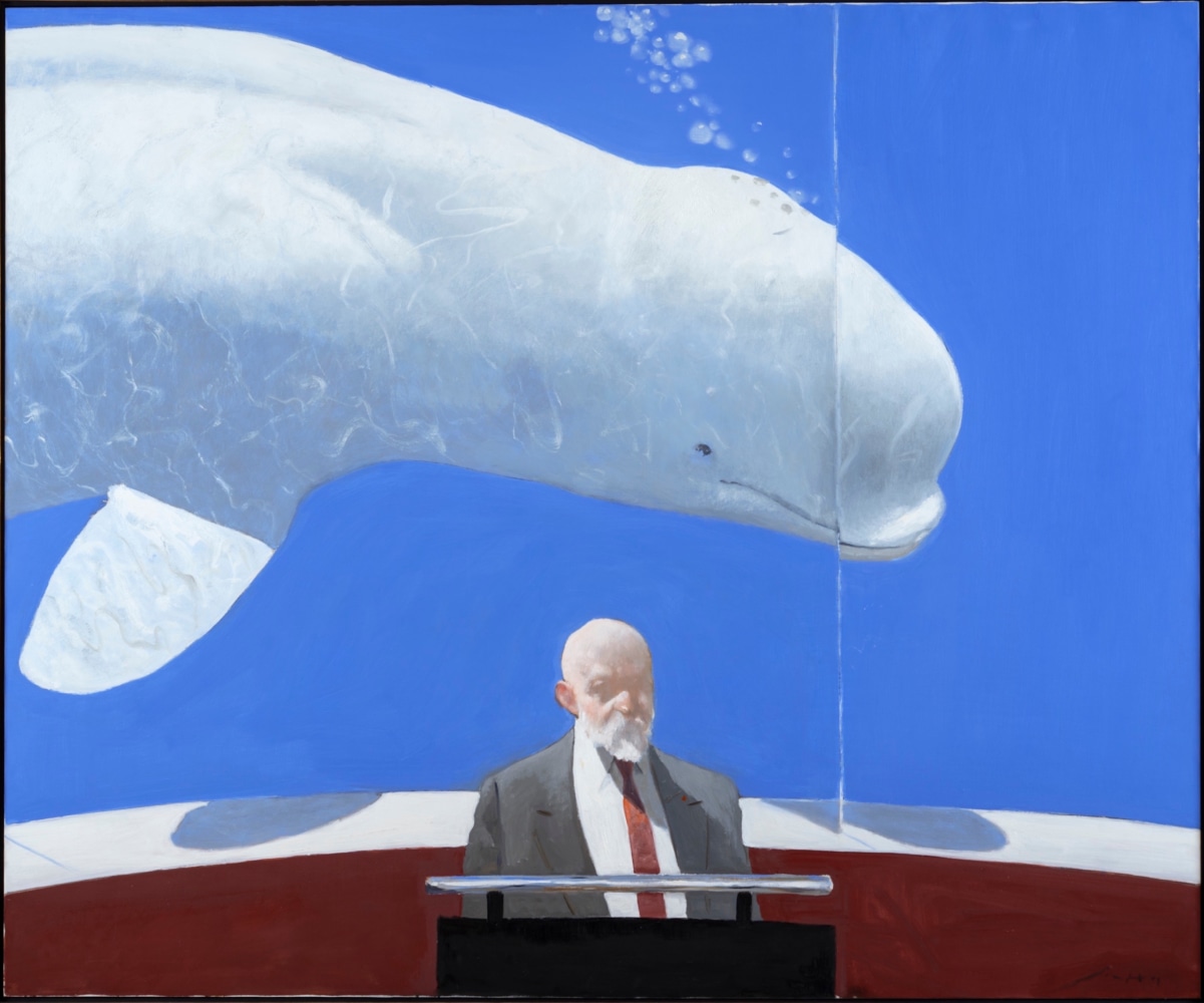 Painting of a man at a podium with a beluga swimming behind him