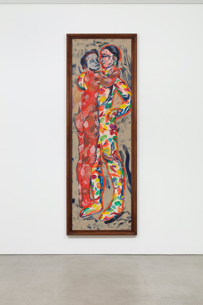 Two nude figures embracing each other with abstract colors and lines by R.B. Kitaj.