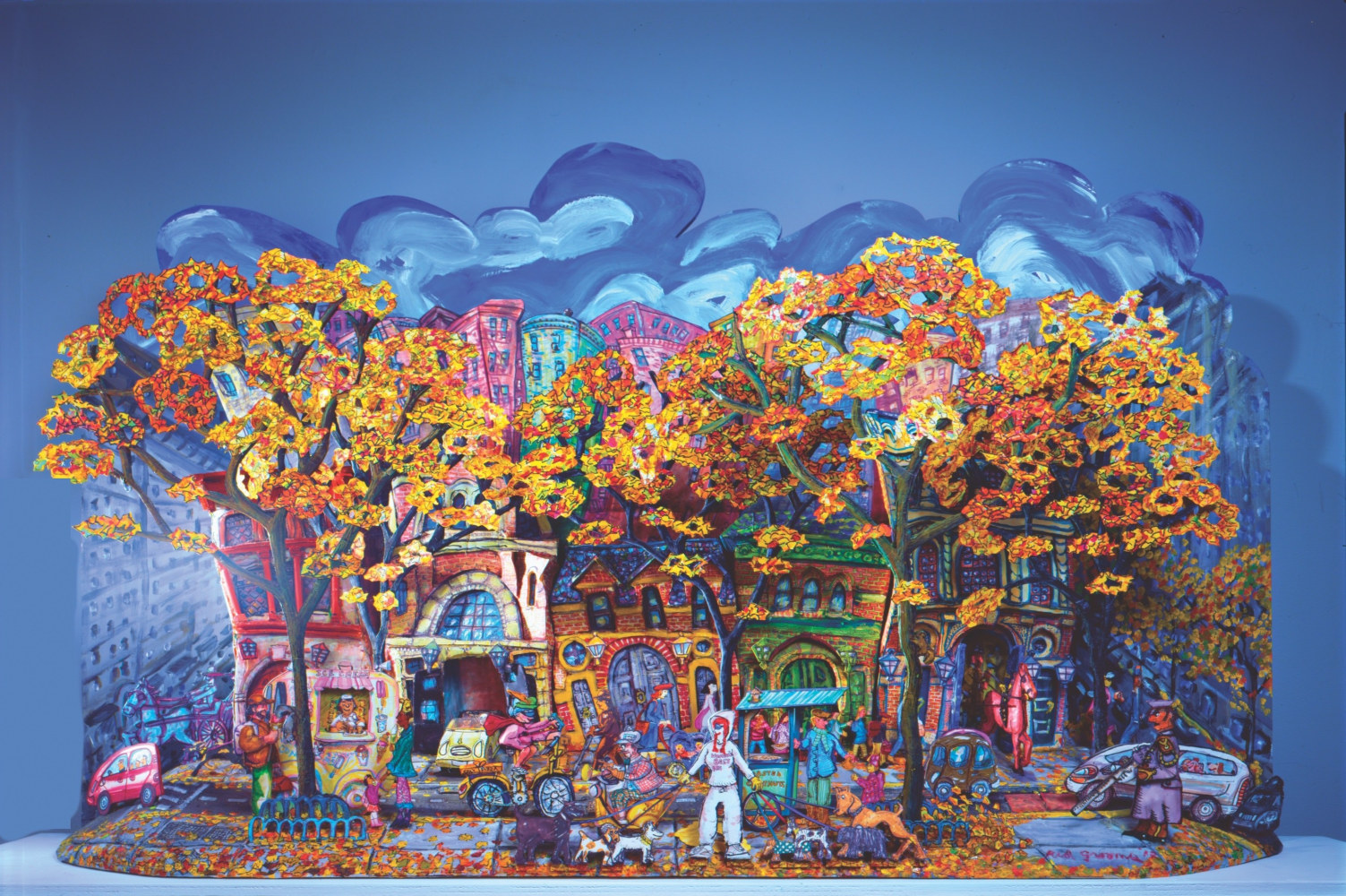 Red Grooms artwork depicting a colorful street view of New York City in autumn using exaggerated perspective.