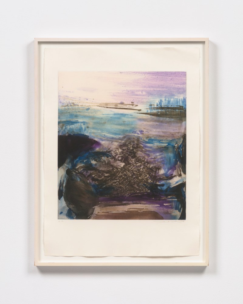A colorful and gestural etching with aquatint featuring a brown center and lavender sky