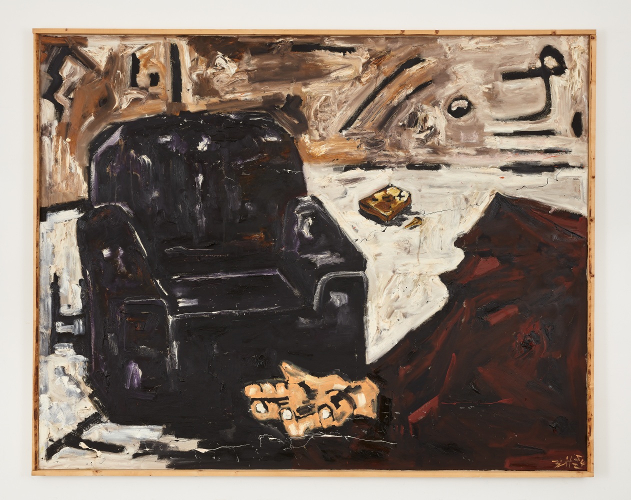 Oil on canvas work by Werner Büttner featuring a black armchair and a hand