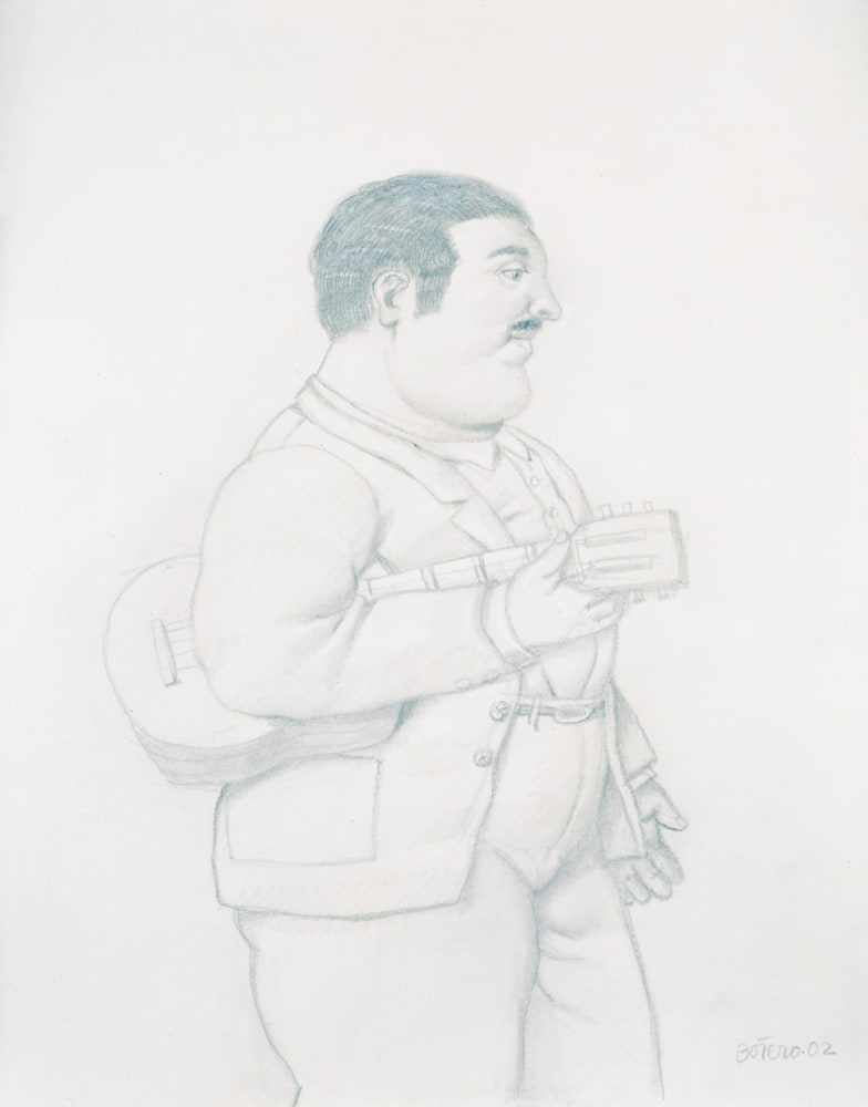 Pencil drawing of a man with a guitar standing in a profile view.