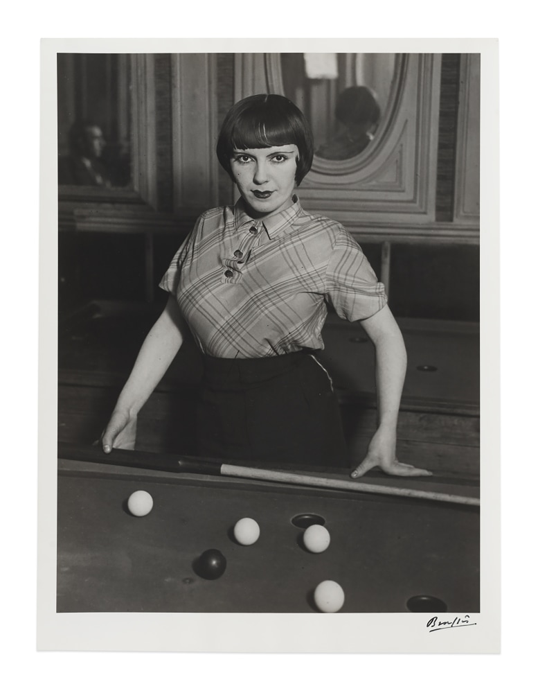 Fille de joie jouant au billard russe, boulevard Rochechouart, Montmartre&amp;nbsp;(A prostitute playing Russian billiards, Boulevard Rochechouart, Montmartre), c. 1932
gelatin silver print on double weight paper
image: 14 1/4 x 10 3/4 in. / 36.2 x 27.3 cm

sheet: 15 3/4 x 11 3/4 in. / 40.0 x 29.8 cm&amp;nbsp;

recto:&amp;nbsp;signed, lower right&amp;nbsp;

verso:&amp;nbsp;stamped &amp;lsquo;Copyright by BRASSA&amp;Iuml;&amp;rsquo;; &amp;lsquo;Tirage de l&amp;rsquo;Auteur&amp;rsquo;, inscribed &amp;lsquo;La Fille au billard Russe vers 1932&amp;rsquo;; &amp;lsquo;1932 all rights reserved&amp;rsquo;; &amp;lsquo;pl. 401&amp;rsquo;; &amp;lsquo;p. 81&amp;rsquo;;&amp;nbsp;&amp;lsquo;PN1204/16&amp;rsquo;&amp;nbsp;