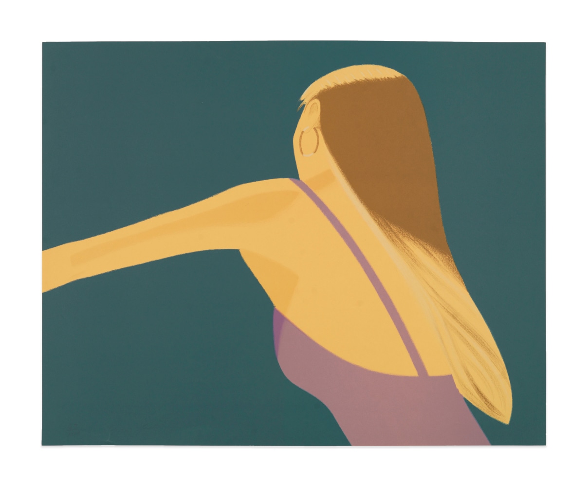 Color lithograph by Alex Katz featuring the back of a woman dancing with one arm stretched out wearing a lavender top and gold hoop earrings against a blue background