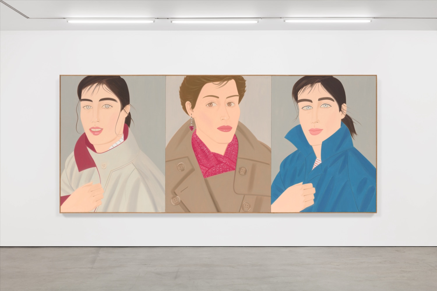 Raincoat Triptych, 1982
oil on canvas, triptych
overall:&amp;nbsp;78 x 180 in. / 198.1 x 457.2 cm
