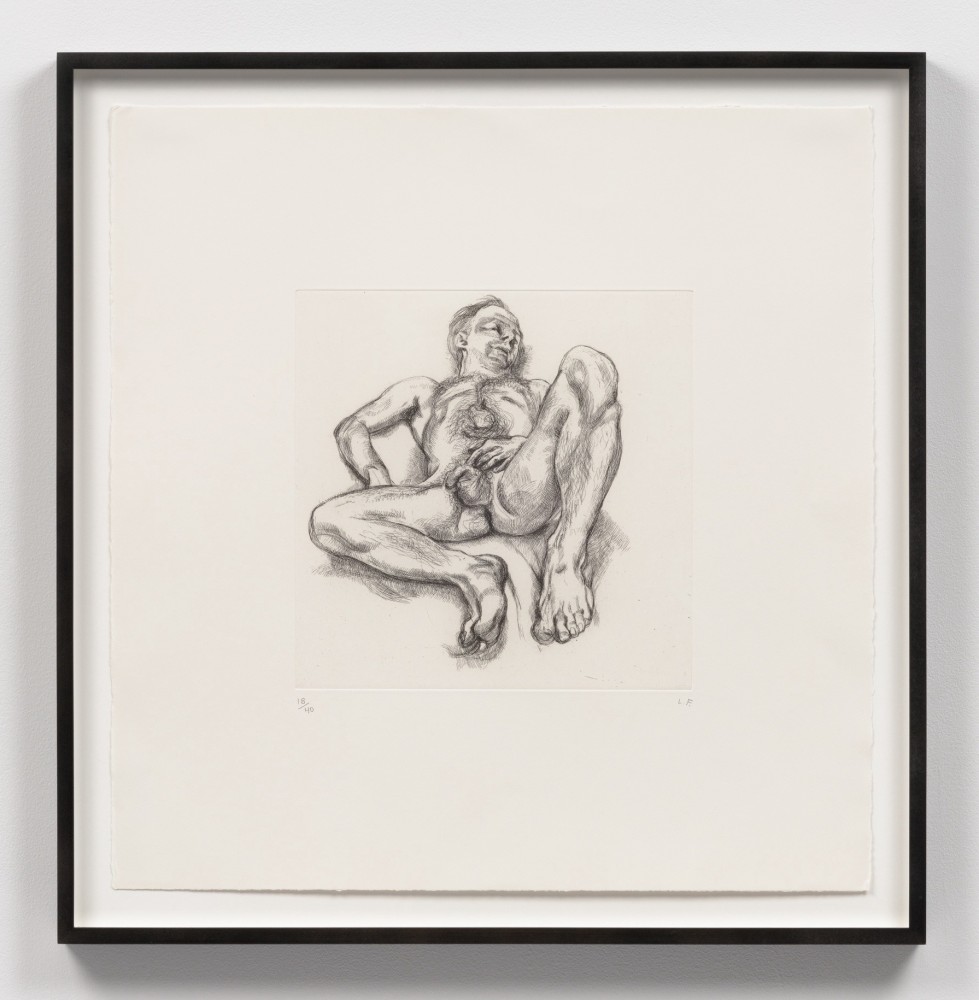 Lucian Freud
Naked Man on a Bed,&amp;nbsp;1990

etching on Somerset Satin White paper, ed. of 40

image: 11 3/4 x 11 3/4 in. / 29.8 x 29.8 cm

sheet: 23 x 22 1/2 in. / 58.4 x 57.2 cm