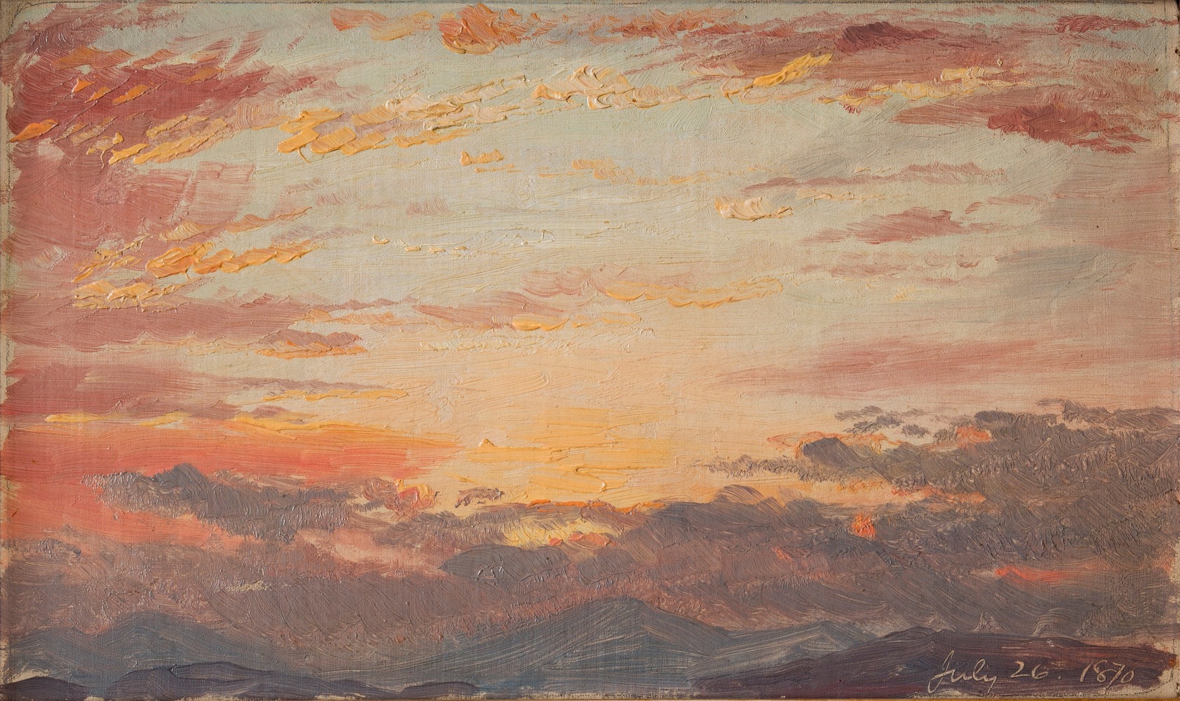 Frederic Edwin Church

Sunset on July 26, 1870

1870

oil on paper mounted on artist&amp;#39;s board

8 1/4 x 13 inches (21 x 33 cm)

inscribed July 26, 1870 (lower right)&amp;nbsp;