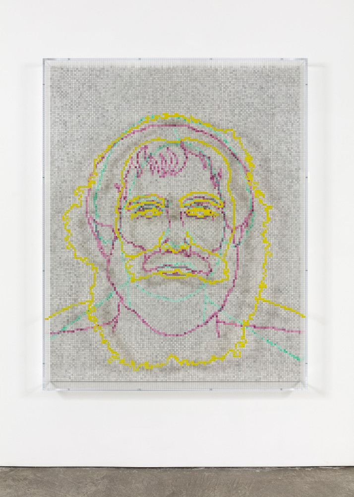 Charles Gaines Faces 1: Identity Politics, #3, Karl Marx, 2018 acrylic sheet, acrylic paint, lacquer, wood 74 x 59 1/8 x 5 3/4 in. (188 x 150.2 x 14.6 cm)