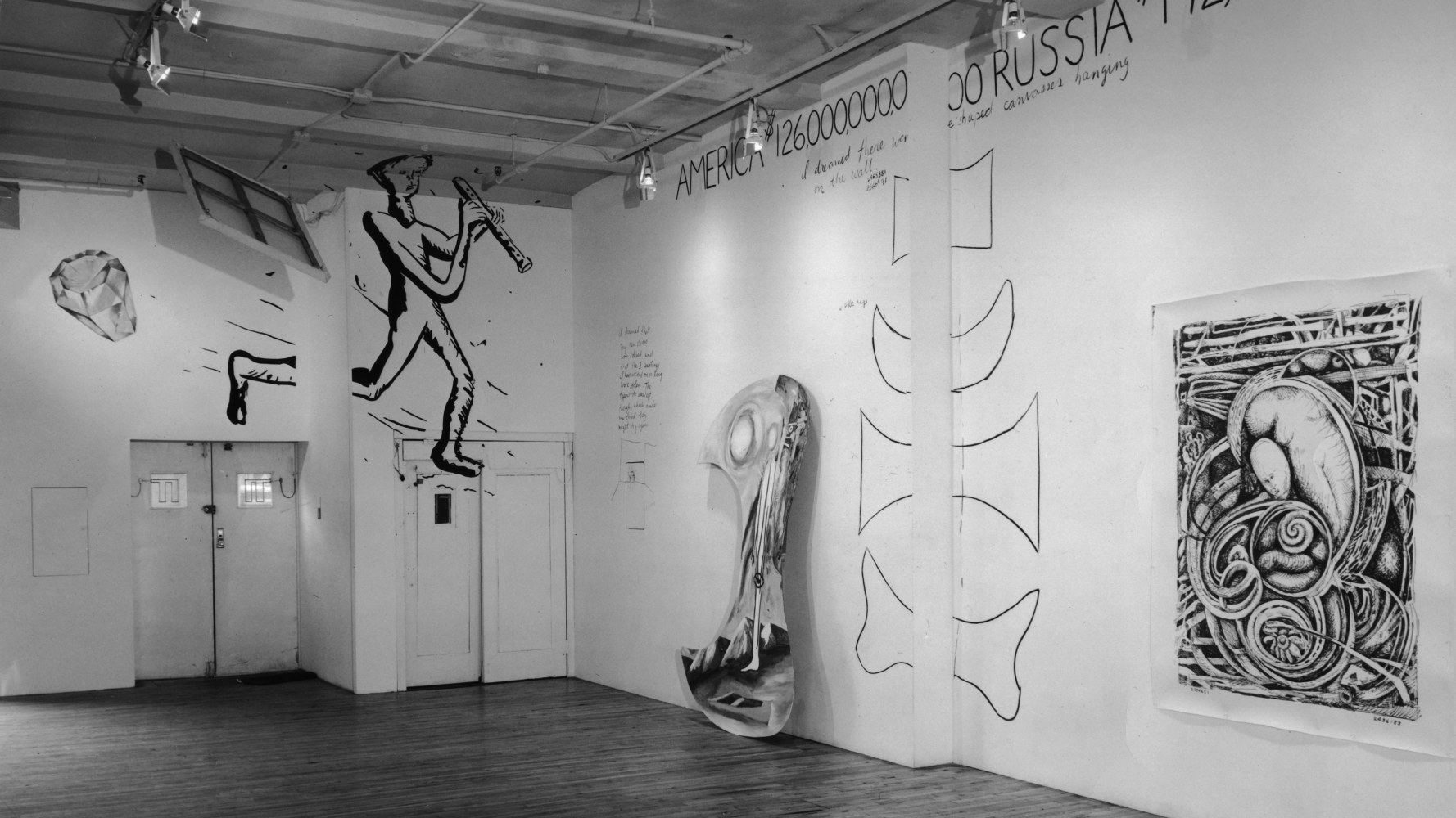 Installation view, Jonathan Borofsky, Paula Cooper Gallery, 155 Wooster Street, New York, March 10 - April 7 1979. © Jonathan Borofsky. Courtesy Paula Cooper Gallery, New York. Photo: Geoffrey Clements.