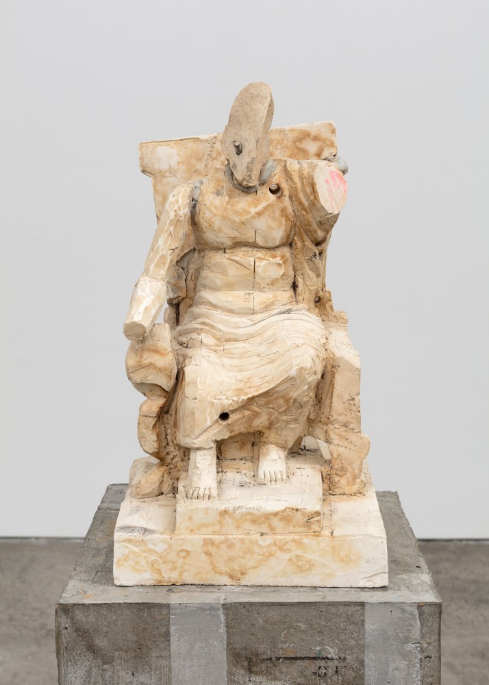 Untitled (Fear, Anxiety and Joy) (detail), 2016 Modified gypsum, spray paint, acrylic paint, stainless steel, threaded rod, epoxy, concrete, ambulatory equipment, figure: 17 1/2 x 9 1/2 x 9 in. (44.5 x 24.1 x 22.9 cm); base: 27 x 12 1/2 x 14 in. (68.6 x 31.8 x 35.6 cm); sculpture: 44 1/2 x 22 x 23 in. (113 x 55.9 x 58.4 cm)