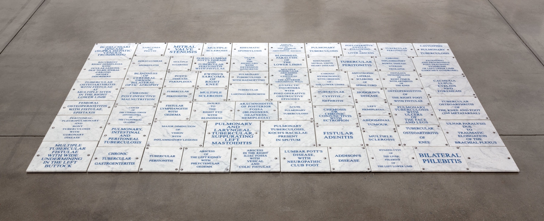 Sophie Calle
Where and when? Lourdes / Où et quand? Lourdes, 2005/2008
15 texts, 17 photos, 1 lenticular print, 1 shelf, 5 porcelain candle holders, 68 marble plates on steel frame
14 1/4 in. x 31 ft. 2 3/8 in. (36.2 cm x 9 m 51 cm) or 43 1/4 in. x 15 ft. 8 3/8 in. (109.9 cm x 4 m 78.5 cm) overall, depending on the installation
framed photographs: 14 5/16 x 19 in. (36.3 x 48.4 cm)
framed texts: 14 5/16 x 8 3/4 in. (36.3 x 22.2 cm)
marble plates: 5 7/8 x 7 5/8 in. (15 x 20 cm) to 9 13/16 x 11 13/16 in. (25 x 30 cm), dimensions variable
steel frame: 55 1/8 x 96 7/8 in. (140 x 246 cm) 
Edition 2 of 5 (English)
Edition of 5 English + 1 AP, Edition of 5 French + 1 AP