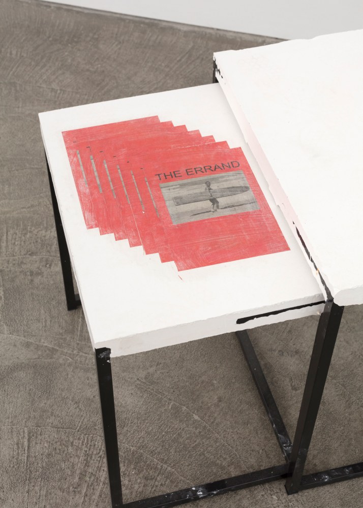Matias Faldbakken
Nesting Tables (The Errand), 2016
nesting tables, synthetic plaster, steel wire, Lascaux UV-glue, 7 prints on newsprint
23 3/8 x 23 5/8 x 39 3/8 in. (59.4 x 60 x 100 cm)