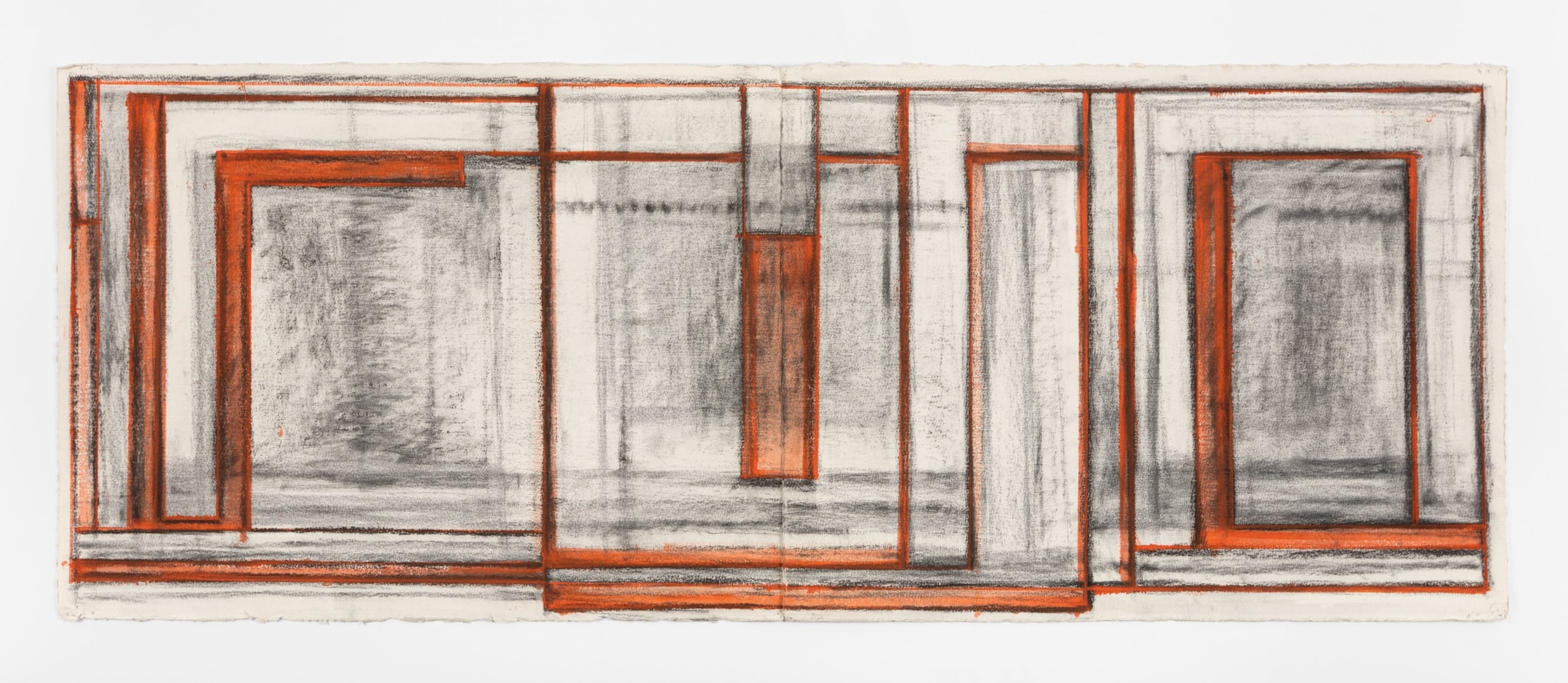 David Novros Untitled, 1974, charcoal and red oil paint on Arches paper 22 3/4 x 59 1/4 in. (57.8 x 150.5 cm)