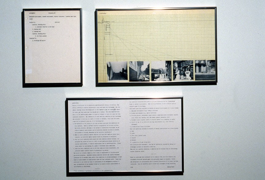 Adrien Piper "Hypothesis Situation #6" 1968-69 Black and white photographs and ink on paper, photocopy, and typewriter ink on paper 1: 10 7/8" x 17 11/16" 2: 11" x 17" overall 3: 11" x 8 1/2"