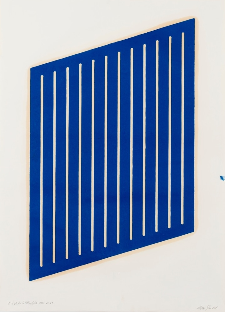 Donald Judd "Untitled (5-L)" 1961-63/69 Woodcut in cerulean blue on cartridge paper 26 1/4 x 16 3/4 in.