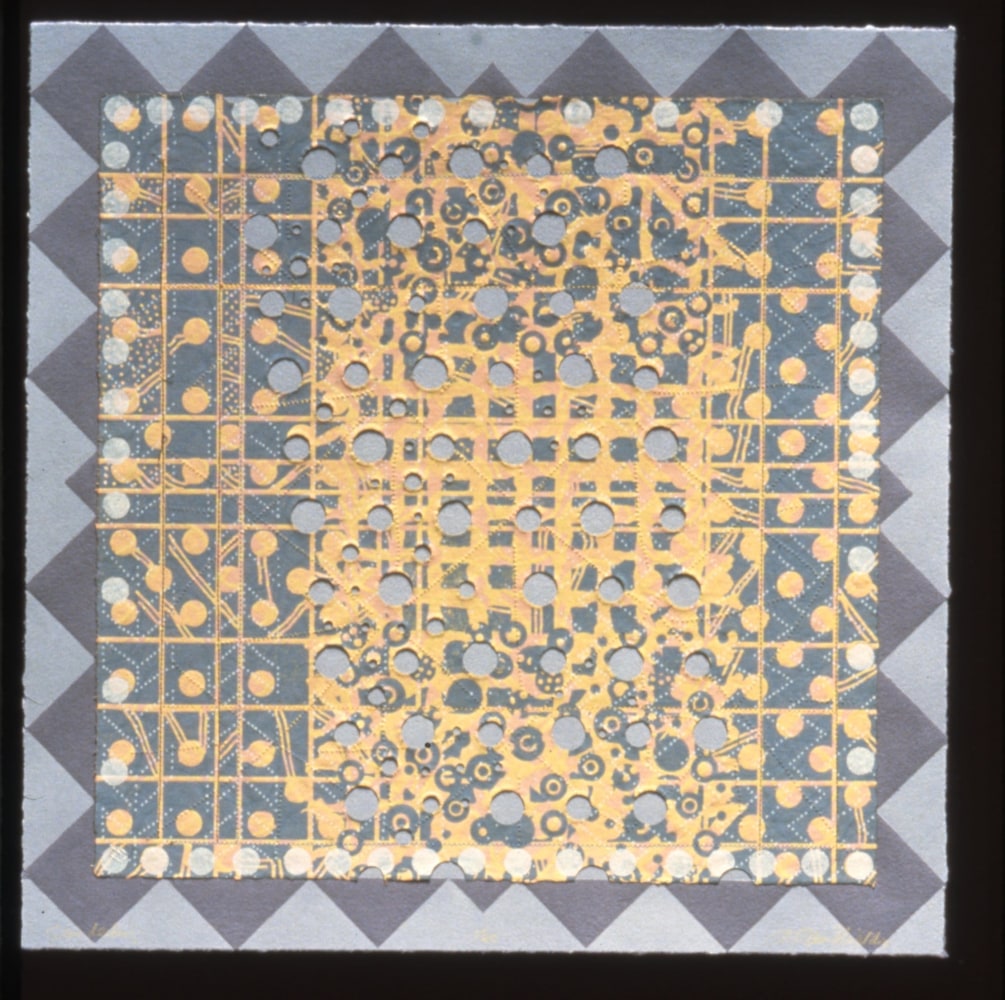 Alan Shields &quot;Sanderling&quot; 1992 Woodcut, relief, lithograph, collage in 13 colors on layered handmade paper with snitching 26&quot; x 26&quot;