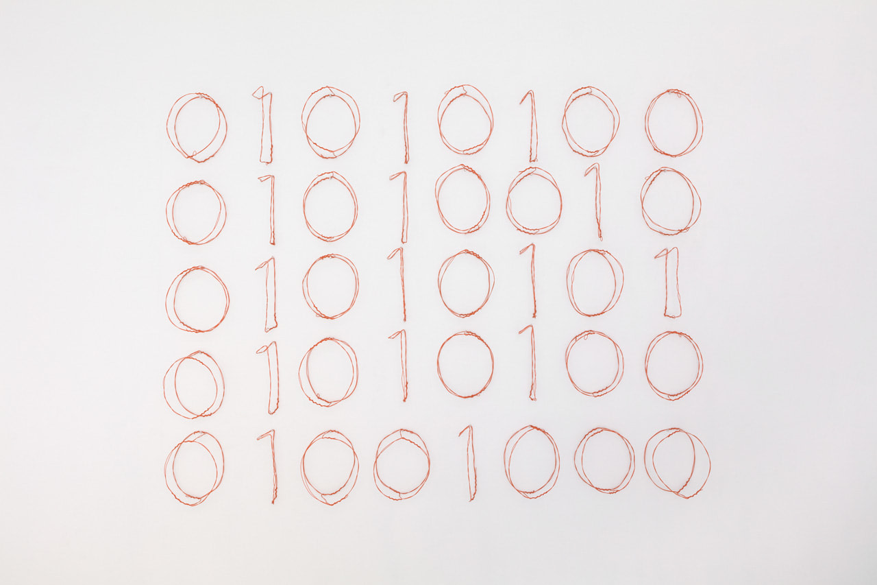 Jonathan Borofsky Truth (binary computer code), 1995 steel wire with orange enamel powder coat / 40 units 64 x 82 x 5 in. (162.56 x 208.28 x 12.7 cm) overall