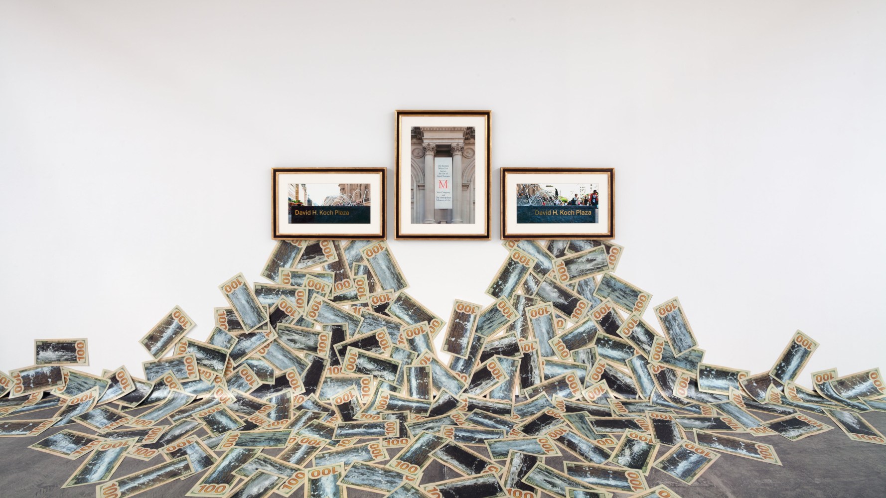 Hans Haacke The Business Behind Art Knows the Art of the Koch Brothers, 2014 3 color inkjet photos overall triptych framed :37 x 99 1/2 x 1 3/8 in. (94 x 252.7 x 3.5 cm) frame: 2 @ 20 5/8 x 33 x 1 3/8 in. (6.7 x 83.8 x 3.5 cm) frame: 1 @ 37 x 27 1/2 x 1 3/8 in (94 x 69.9 x 3.5 cm) photo-collaged hundred dollar bills each: 8 x 16 1/2 in. (20.3 x 41.9 cm) overall installation dimensions variable Edition 1 of 1, 1 AP