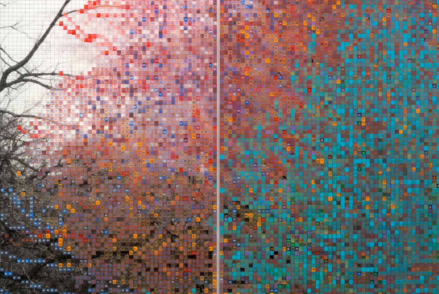 Numbers and Trees, Central Park, Series I: Tree #7, Katelyn, (detail), 2015 Acrylic, ink jet print, plexiglass 2 panels each: 95 x 42 x 5.75 in. (241.3 x 106.7 x 14.6 cm) center panel 95 x 42 1/2 x 5.75 in. (241.3 x 108 x 14.6 cm) overall: 95 x 126 1/2 x 5.75 in. (241.3 x 549.9 x 14.6 cm)