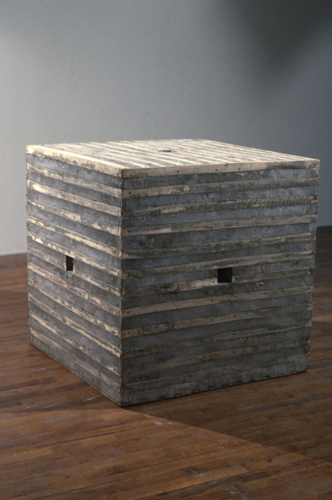 Jackie Winsor &quot;Cement Piece&quot; 1976-77 Cement, wire, wood 36&quot; cube