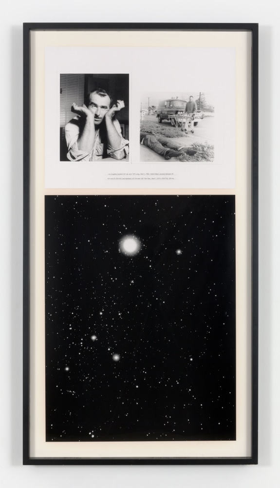 Charles Gaines NIGHT/ CRIMES: Canis Major, 1995 black &amp; white photograph and silkscreened text framed: 70 3/4 x 37 3/4 in. (179.7 x 95.9 cm)
