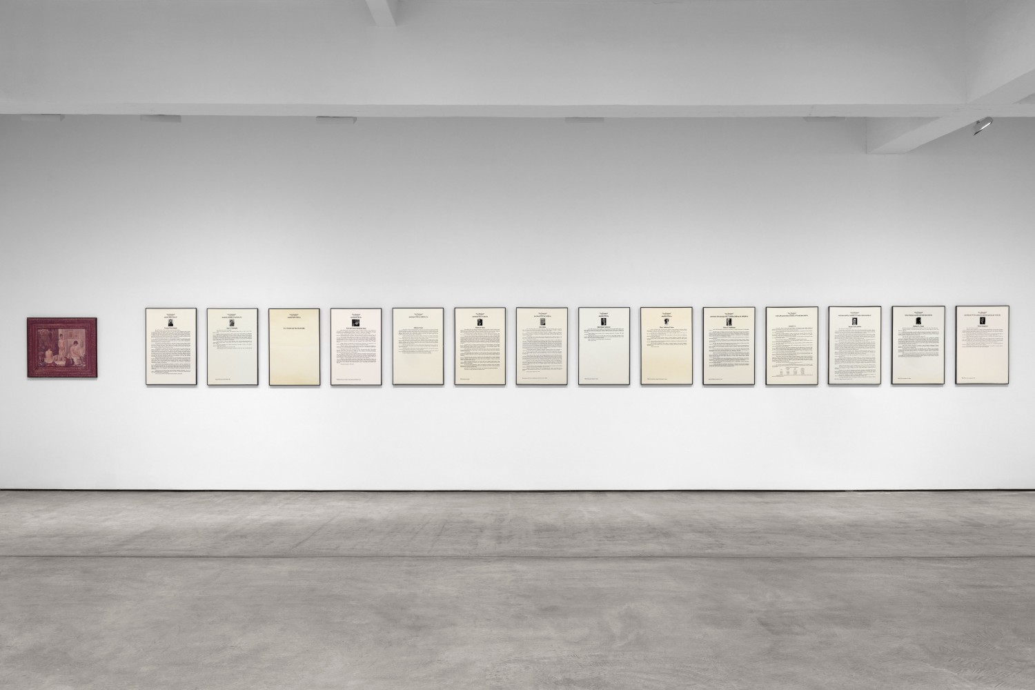 Hans Haacke
Seurat's "Les Poseuses" (small version), 1888-1975, 1975
14 framed text panels: ink on paper, black metal frame, glass
one 4-color reproduction: color ink on paper, black metal frame, glass
text panels: 30 x 20 in. (76.2 x 50.8 cm) each color reproduction: 23 3/8 x 27 1/4 in. (59.4 x 69.2 cm)
overall dimensions (variable): 30 x 382 in. (76.2 x 970.3 cm)