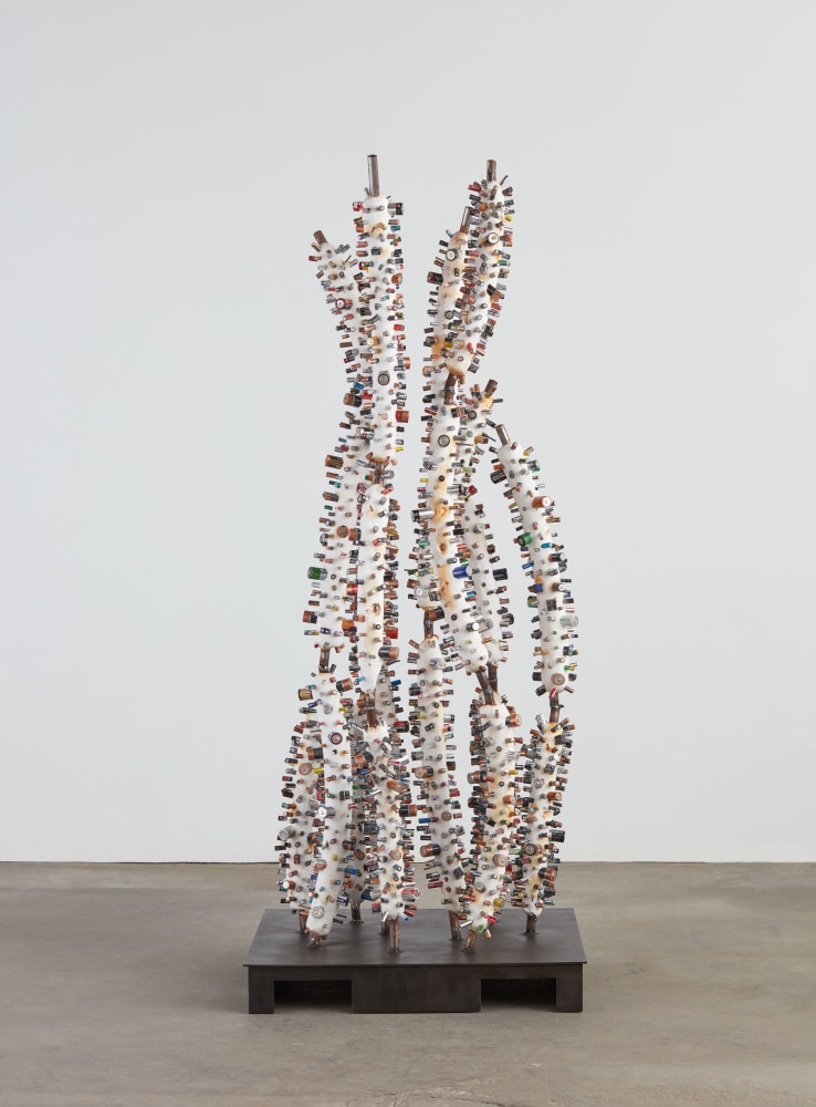 Evan Holloway Bones, 2017 plaster, steel, spent batteries 90 1/4 x 36 x 36 in. (229.2 x 91.4 x 91.4 cm)