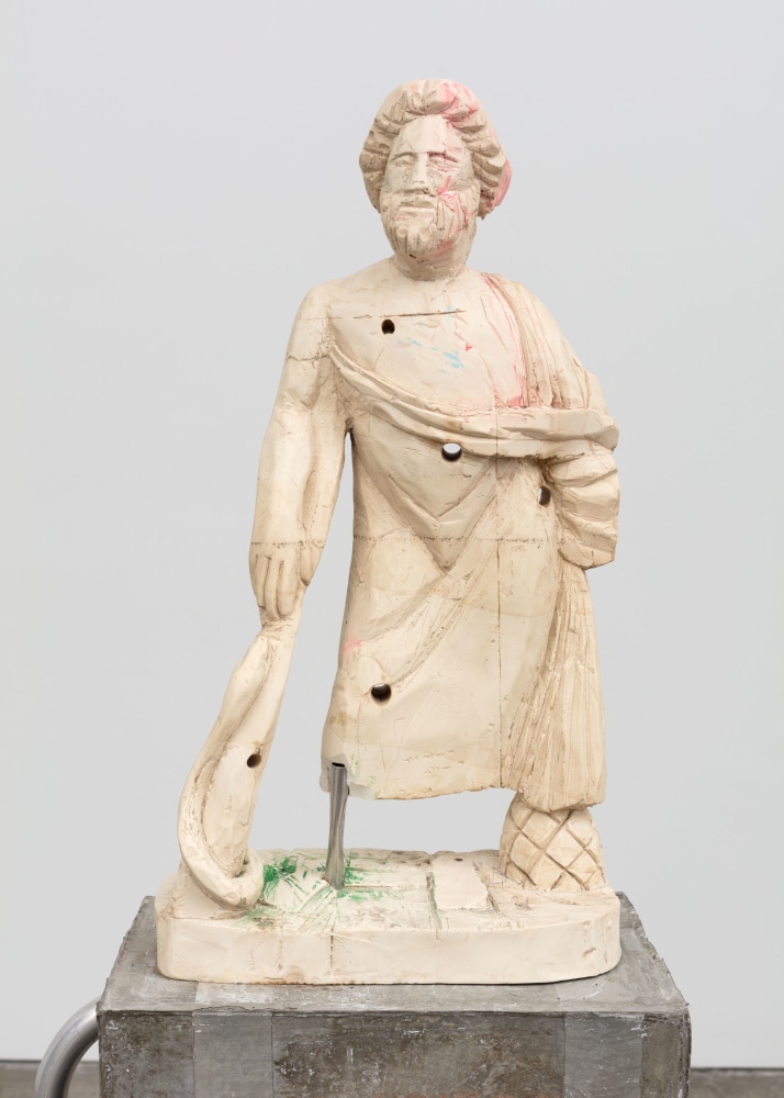 Justin Matherly Untitled (Fear, Anxiety and Joy), (detail), 2016 Modified gypsum, spray paint, acrylic paint, concrete, ambulatory equipment, stainless steel tube figure: 22 3/4 x 12 x 6 in. (57.8 x 30.5 x 15.2 cm); base: 32 x 20 x 11 1/2 in. (81.3 x 50.8 x 29.2 cm); sculpture: 54 3/4 x 32 x 17 1/2 in. (139.1 x 81.3 x 44.5 cm).