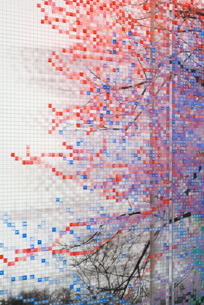 Charles Gaines Numbers and Trees, Central Park, Series I: Tree #4, Kent, (detail), 2015 Acrylic, ink jet print, plexiglass ​2 panels each: 95 x 42 x 5.75 in. (243.8 x 106.7 x 14.6 cm) center panel 95 x 42 1/2 x 5.75 in. (243.8 x 108 x 14.6 cm) overall: 95 x 126 1/2 x 5.75 in. (243.8 x 321.3 x 14.6 cm)