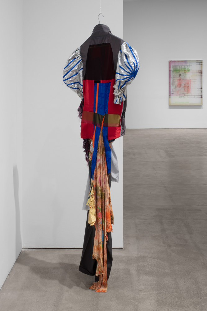 Performance (suit), (detail), 2019 assorted garments, thread, pins 80 x 25 x 12 in. (203.2 x 63.5 x 30.5 cm)