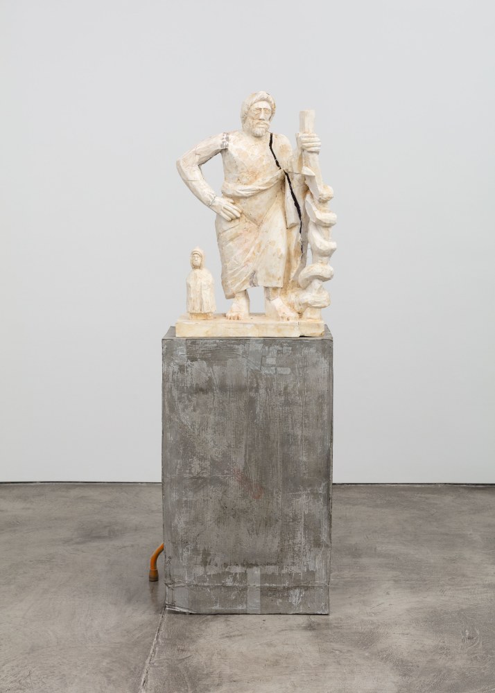 Justin Matherly Untitled (Fear, Anxiety and Joy), 2016 Modified gypsum, spray paint, acrylic paint, concrete, ambulatory equipment |figure: 38 1/2 x 19 x 16 in. (97.8 x 48.3 x 40.6 cm); base: 30 1/4 x 23 1/2 x 23 1/4 in. (76.8 x 59.7 x 59.1 cm); sculpture: 68 3/4 x 42 1/2 x 39 1/4 in. (174.6 x 108 x 99.7 cm).