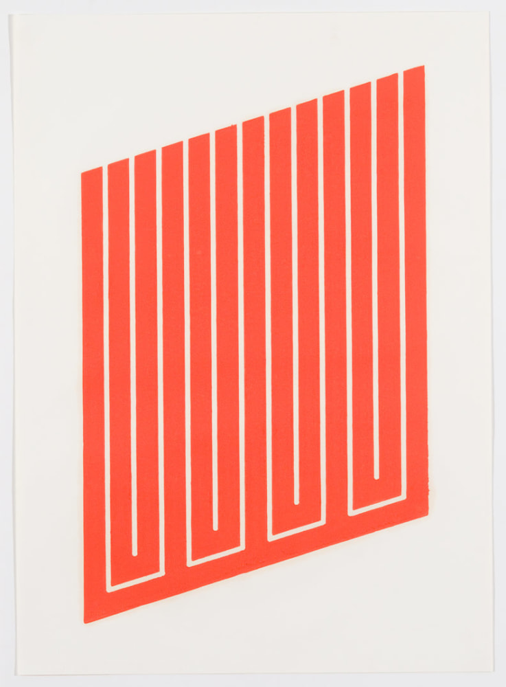 Donald Judd  Untitled (1-L), 1961-69  woodcut in cadmium red on cartridge paper  paper: 30 1/2 x 22 in. (77.5 x 55.9 cm)  frame: 32 1/2 x 24 x 1 5/8 in. (82.6 x 61 x 4.1 cm)  AP,  from an edition of 10 on cartridge paper and 10 on etching paper  Signed &amp; dated verso bottom: &quot;R.C.J, Don Judd, 1-L 0/10 61-69,  Artist's Proof - RCJ - 4/09&quot;