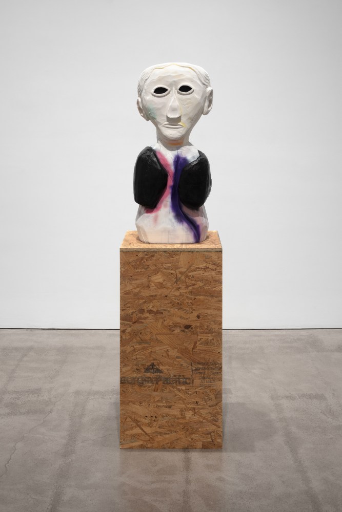 Justin Matherly 
False self, portrait, 2020
GFRG, synthetic based spray paint
figure: 34 x 12 5/8 x 12 in. (86.4 x 32.1 x 30.5 cm)
base: 36 1/2 x 18 x 18 1/2 in. (92.7 x 45.7 x 47 cm)
overall: 71 x 18 x 18 1/2 in. (180.3 x 45.7 x 47 cm)